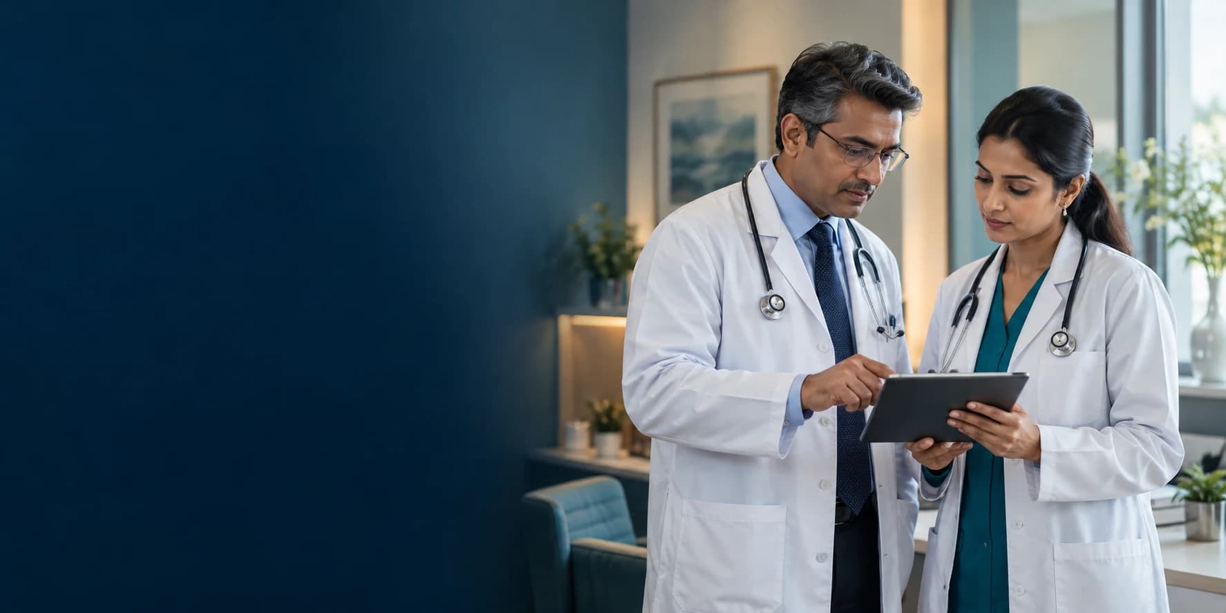 Illustrative photograph of two doctors discussing information on a tablet