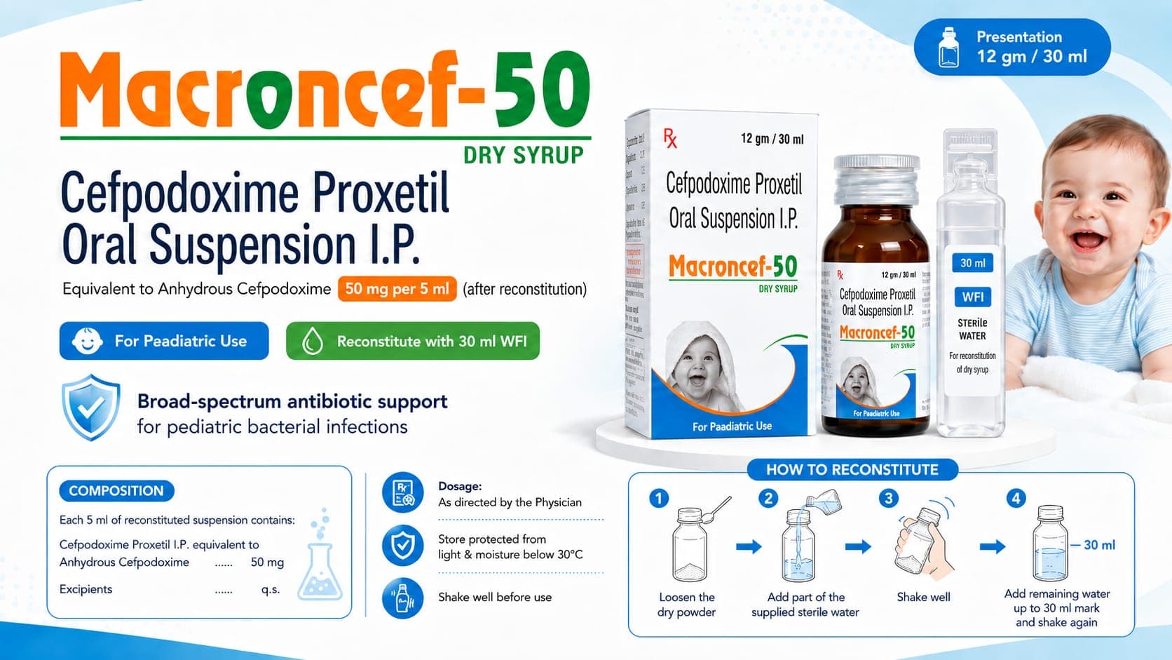 Macroncef-50 Dry Syrup visual aid: Cefpodoxime Proxetil IP equivalent to Anhydrous Cefpodoxime 50 mg per 5 ml by Macron Health Care