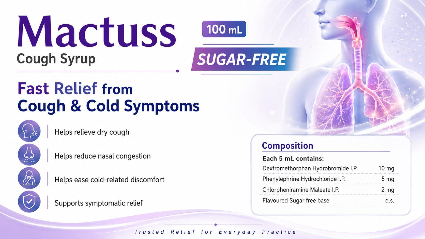 Mactuss Cough Syrup visual aid: Dextromethorphan Hydrobromide IP 10 mg by Macron Health Care