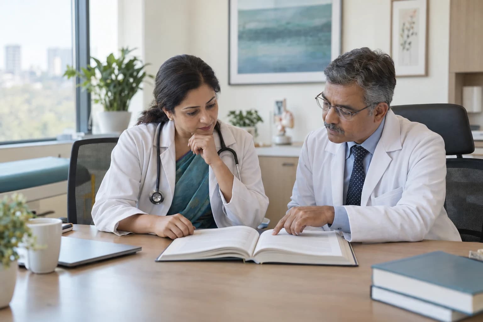 Illustrative photograph of two doctors reviewing a reference book